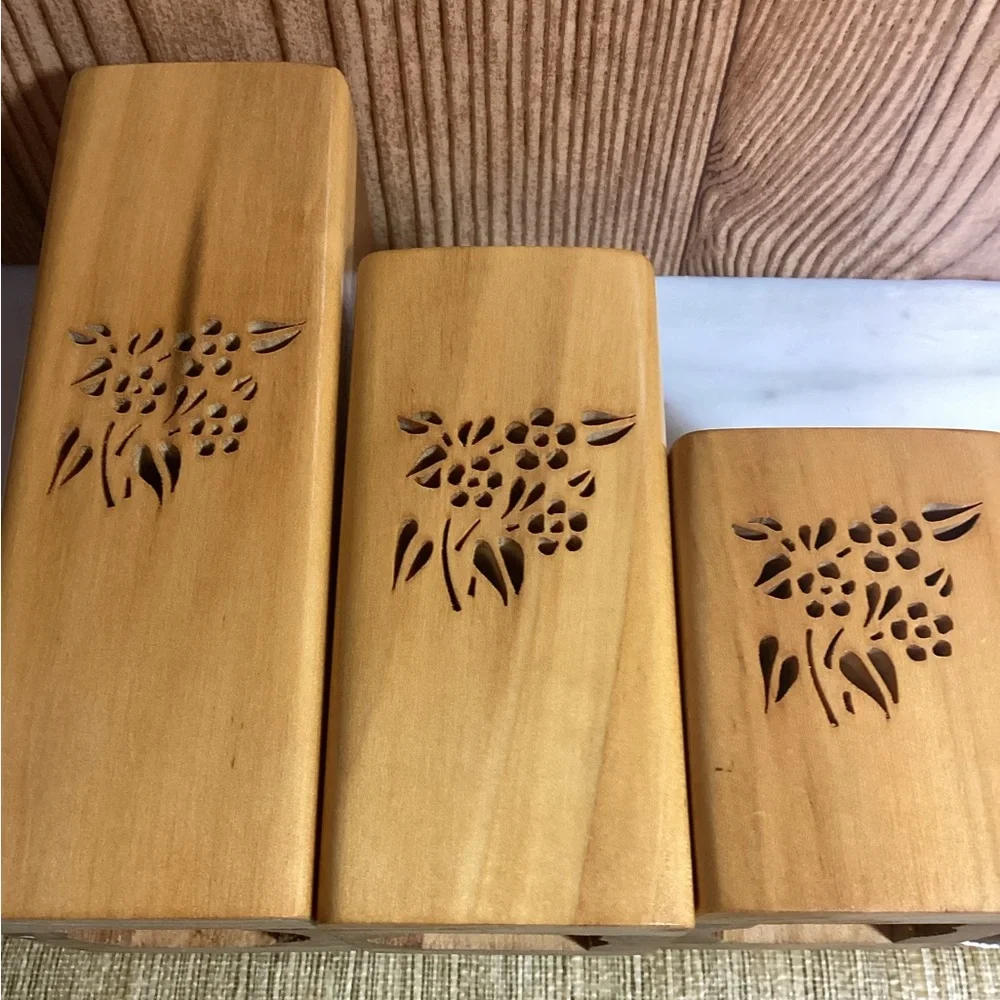 Hand Carved Wooden Graduated Candle Holders with open carving
